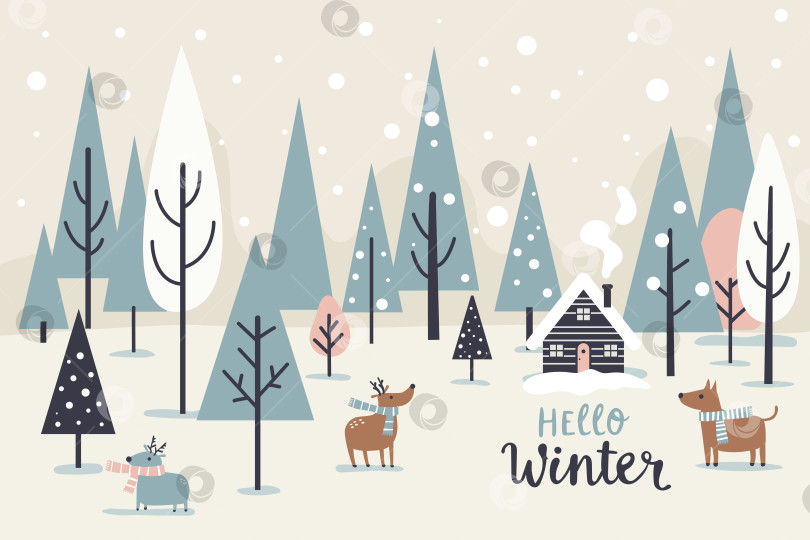 Скачать Зимний лесной пейзаж с животными, дом, надпись "Привет зиме". Рождественский праздник, иллюстрация "Счастливого Рождества". Дизайн новогодней открытки. фотосток Ozero