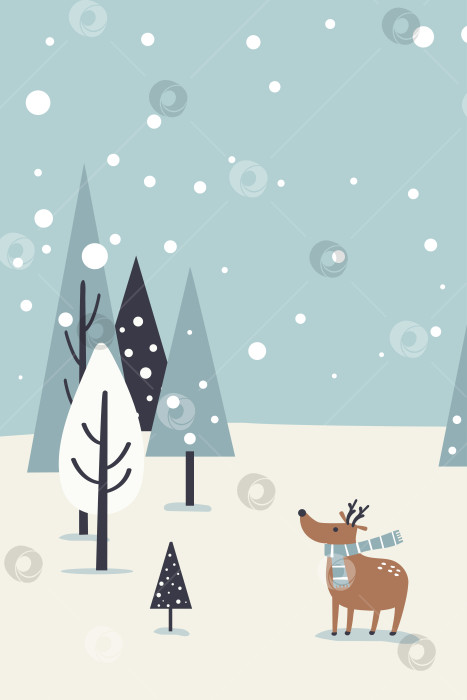 Скачать Зимний пейзаж с домом и оленями в лесу. Сезон рождественских каникул. фотосток Ozero