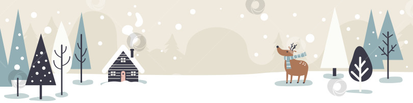Скачать Зимний пейзаж с домом и оленями в лесу. Сезон рождественских каникул. фотосток Ozero