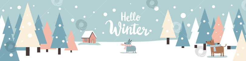 Скачать Зимний лесной пейзаж с животными, дом, надпись "Привет зиме". Рождественский праздник, иллюстрация "Счастливого Рождества". фотосток Ozero