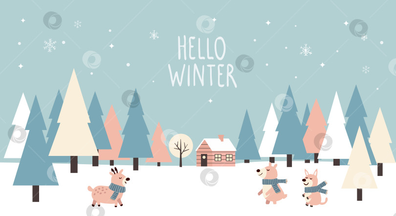 Скачать Зимний лесной пейзаж с животными, дом, надпись "Привет зиме". Рождественский праздник, иллюстрация "Счастливого Рождества". фотосток Ozero