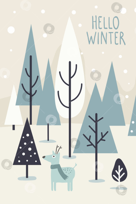 Скачать Милый олень в шарфе, стоящий в стилизованном снежном лесу с деревьями и падающим снегом. Векторная иллюстрация текста "Привет, зима" для дизайна поздравительных открыток, баннеров, плакатов. фотосток Ozero