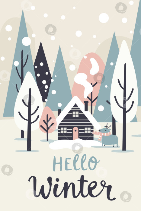 Скачать Зимний пейзаж с домиком и оленями в лесу. Текст приветствия зиме. Сезон рождественских праздников. Плоская иллюстрация в виде сказки для поздравительной открытки. фотосток Ozero