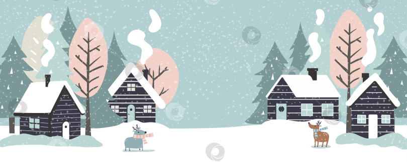 Скачать Зимний пейзаж с домом и оленями в лесу. Рождественские каникулы. фотосток Ozero