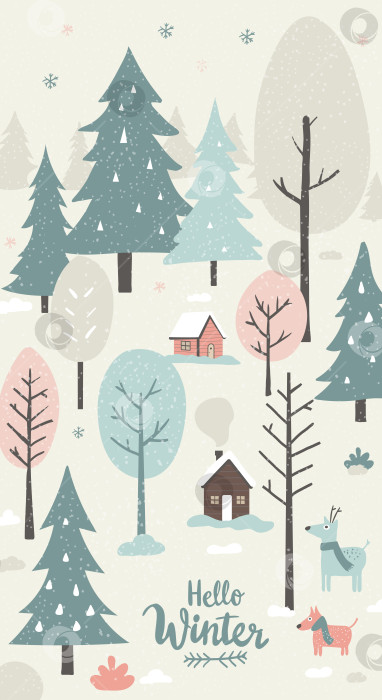 Скачать Поздравительная открытка "Здравствуй зима" с уютными домиками, заснеженными елками и милыми собачками. Праздничное празднование Рождества или нового года. фотосток Ozero