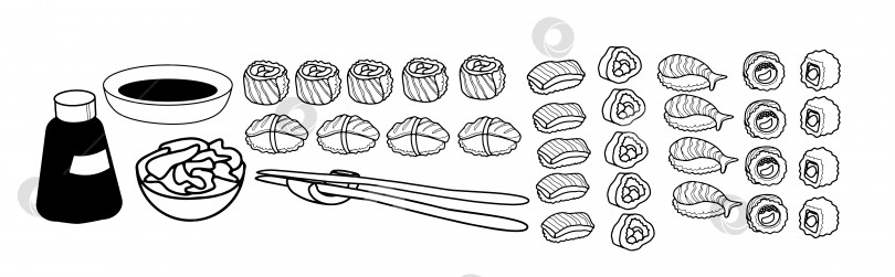 Скачать Набор значков для суши и роллов Line. Векторная иллюстрация с каракулями. фотосток Ozero