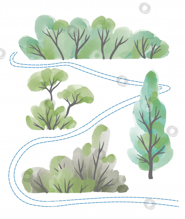 Скачать Набор векторных деревьев, раскрашенных вручную акварелью. векторный дизайн. фотосток Ozero