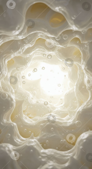 Скачать Абстрактный макросъемочный снимок белой жидкости, возможно, молока или йогурта, с пузырьками, представляющий концепцию питания и здоровья. фотосток Ozero