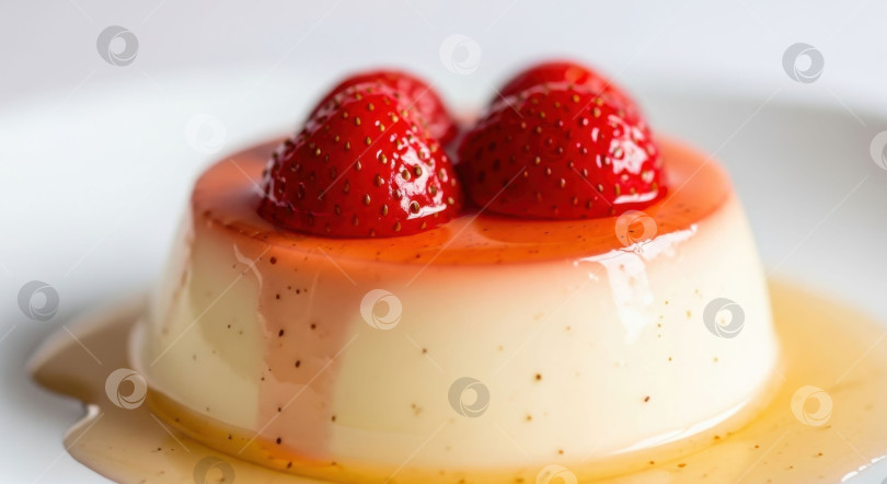 Скачать Восхитительный десерт панна котта со свежей клубникой и сладким сиропом - роскошное угощение для особых случаев. фотосток Ozero