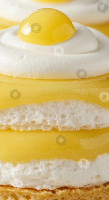 Скачать Посмотрите крупным планом на восхитительный десерт из лимонной меренги с белыми взбитыми сливками и желтой фруктовой начинкой для создания концепции сладкого угощения. фотосток Ozero