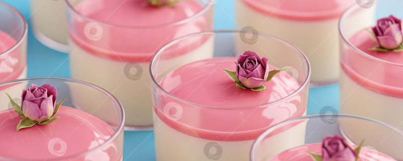 Скачать Множество бокалов со сливочным десертом и розовой начинкой, украшенной бутоном розы. Сладкая панакота. Изысканное блюдо. фотосток Ozero