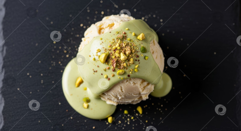 Скачать Шарик ванильного мороженого с фисташковым соусом и толчеными орехами. Концепция десерта для меню, кулинарный блог, рецепт. фотосток Ozero