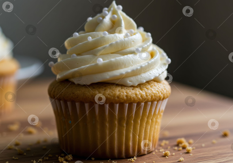 Скачать Вкусный ванильный кекс со сливочной глазурью и белой посыпкой на деревянном столе в деревенском стиле. Сладкий десерт для празднования и вечеринки. фотосток Ozero
