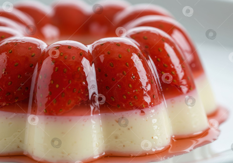 Скачать Вкусный клубнично-сливочный желейный десерт с красным сиропом на белом блюде, сладкий желатиновый пудинг для праздничного угощения. фотосток Ozero