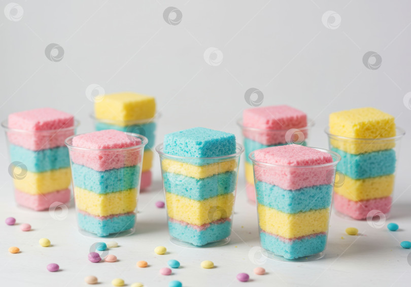 Скачать Разноцветные слоеные кусочки торта в прозрачных стаканчиках на белом столе, украшенные маленькими конфетами. Сладкий десерт для празднования или вечеринки. фотосток Ozero