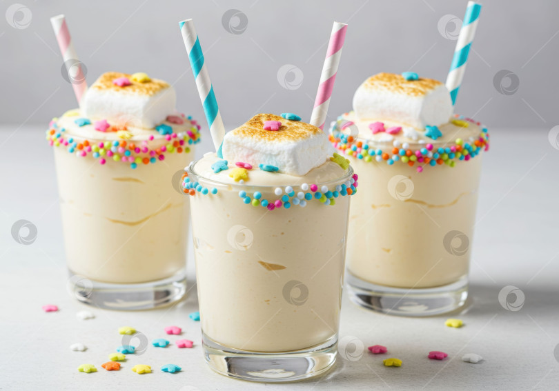 Скачать Три сладких десертных молочных коктейля с маршмеллоу, разноцветной посыпкой и полосатой соломкой. Праздничный сладкий напиток для праздничной концепции. фотосток Ozero