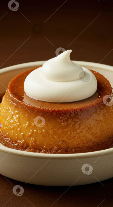 Скачать Восхитительный десерт в золотисто-кремовой карамели со взбитыми сливками. Пудинг или флан со сладким соусом и кремовой текстурой. фотосток Ozero