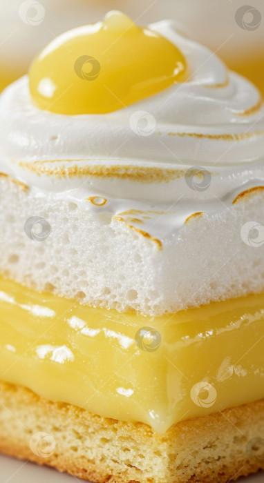 Скачать Крупный план десерта из лимонной меренги с белыми поджаренными верхушками и гладкой желтой начинкой. На фоне сладкой кондитерской текстуры. фотосток Ozero