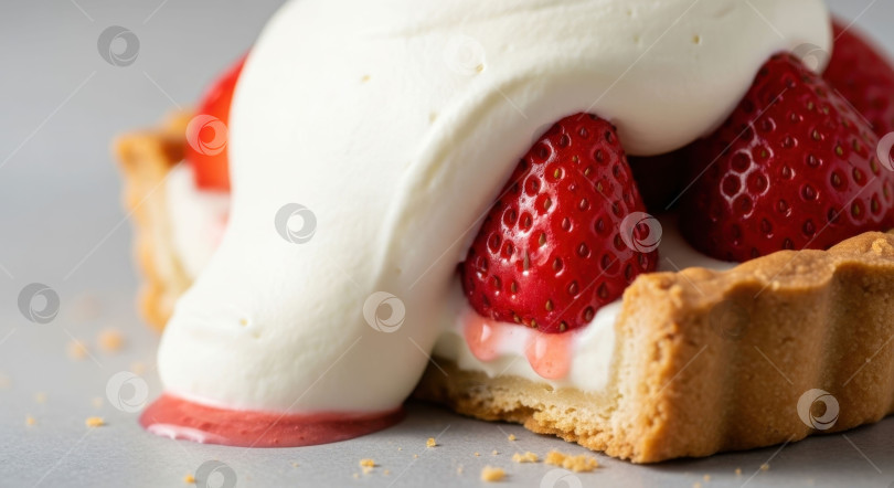 Скачать Восхитительная клубничная тарталетка со взбитыми сливками на ярком столе. Сладкий десерт со свежими красными фруктами и сливочной начинкой. фотосток Ozero