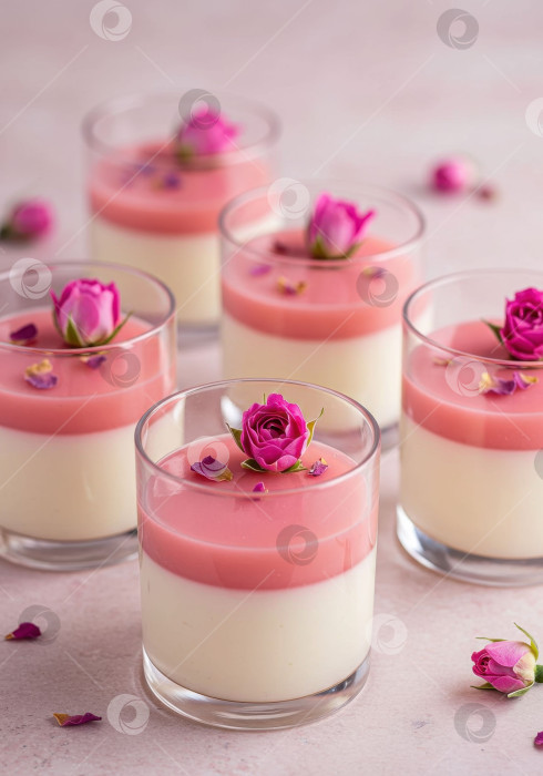 Скачать Восхитительный десерт из розовой панна-котты в стеклянных стаканчиках, украшенный бутонами и лепестками роз. Сладкое блюдо для особого случая. фотосток Ozero