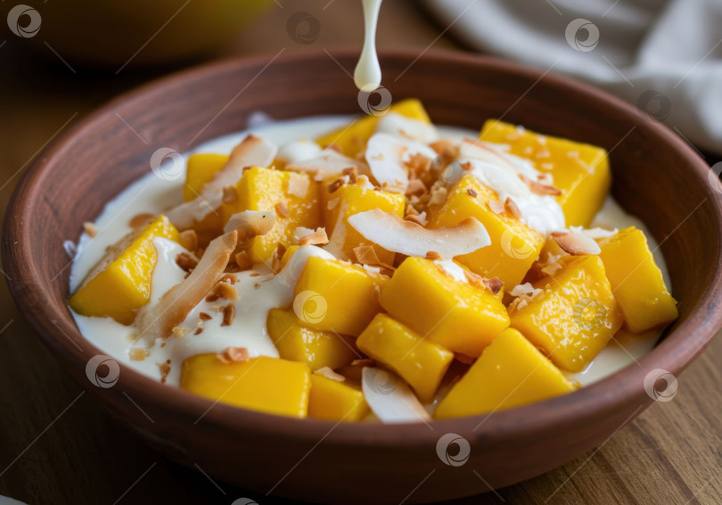 Скачать Тропический десерт из манго с белым соусом и поджаренной кокосовой стружкой в глиняной миске. Полезный завтрак из свежих фруктов. фотосток Ozero