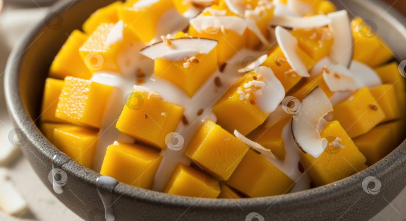 Скачать Десерт из свежего измельченного манго с кокосовым молоком и хлопьями в миске. Сладкий салат из тропических фруктов, концепция здорового питания и вегетарианских блюд для кулинарной книги. фотосток Ozero
