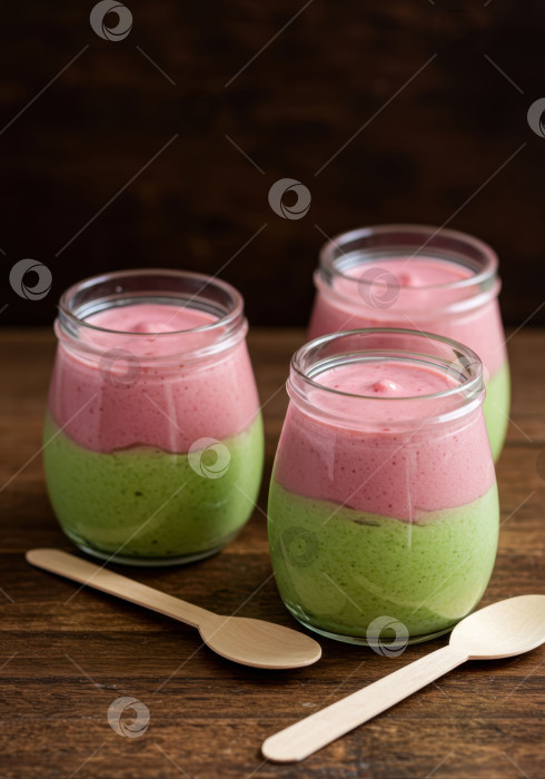 Скачать Полезный слоеный десерт с киви и клубничным смузи в стеклянных банках. Вкусная сладкая закуска для полноценного питания и детокс-диеты. фотосток Ozero