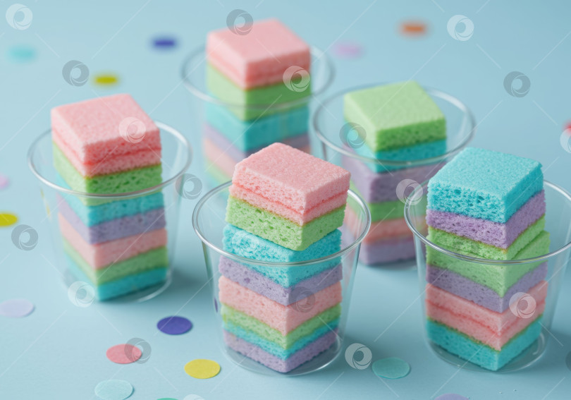 Скачать Сладкий разноцветный слоеный десерт в стеклянном стаканчике для праздничного угощения. Вкусная закуска из слоеного бисквита пастельных тонов. Праздничное застолье. фотосток Ozero