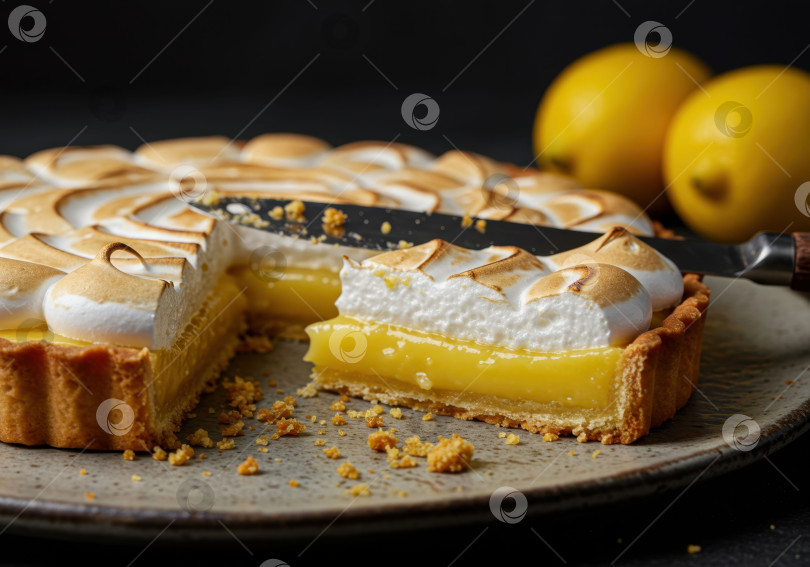 Скачать Кусочек классического сливочно-лимонного пирога с безе на деревенской тарелке с целым пирогом. Десерт с острым цитрусовым вкусом. фотосток Ozero