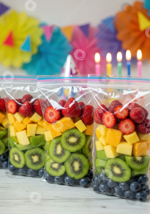 Скачать Салат из свежих фруктов в прозрачном пакетике для празднования дня рождения. Концепция здорового перекуса. Десерт для детского или взрослого торжества. фотосток Ozero
