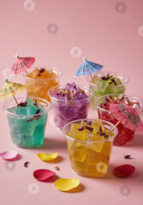 Скачать Яркий фруктово-желейный десерт в маленьких стаканчиках с бумажными зонтиками. Вкусная сладкая закуска для вечеринки. Освежающее летнее лакомство с цветочными лепестками на розовом фоне. фотосток Ozero