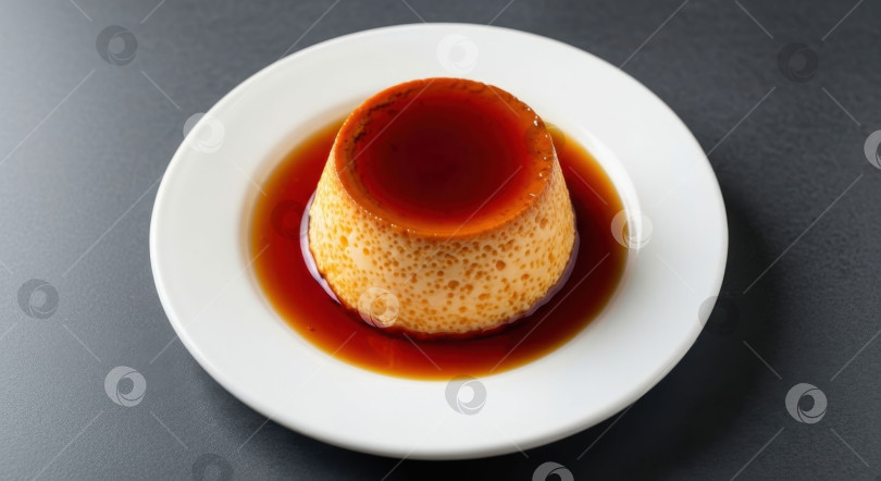Скачать Крупный план золотисто-кремово-карамельного десерта с густым коричневым сиропом на белой тарелке. Традиционный для меню сладкий пирог с заварным кремом на темном фоне. фотосток Ozero