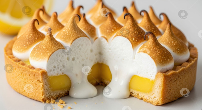 Скачать Крупный план восхитительного пирога с лимонным безе, на котором вырезан кусочек, демонстрирующий сливочную начинку. Сладкий десерт. фотосток Ozero