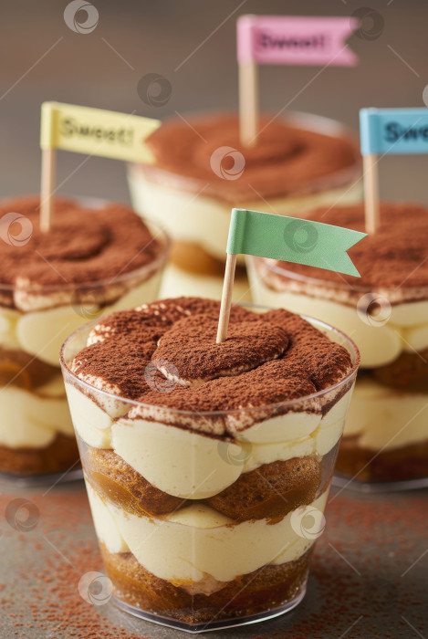 Скачать Восхитительный десерт тирамису в бокале со сладким бумажным флажком. Сладкое блюдо для кейтеринга и вечеринок. Блюдо с богатой текстурой. фотосток Ozero