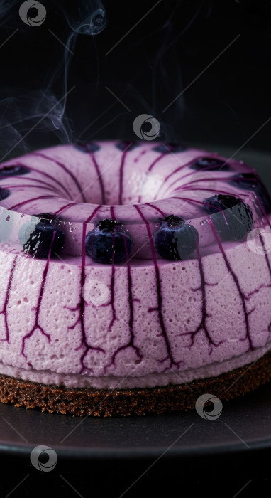 Скачать Вкусный десерт с черничным муссом на основе шоколадного торта. Фиолетовое сладкое лакомство для гастрономии и кулинарии. фотосток Ozero
