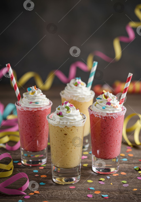 Скачать Освежающие красочные коктейли со взбитыми сливками и посыпкой на деревянном столе в деревенском стиле станут праздничным напитком или десертом для вечеринки. фотосток Ozero
