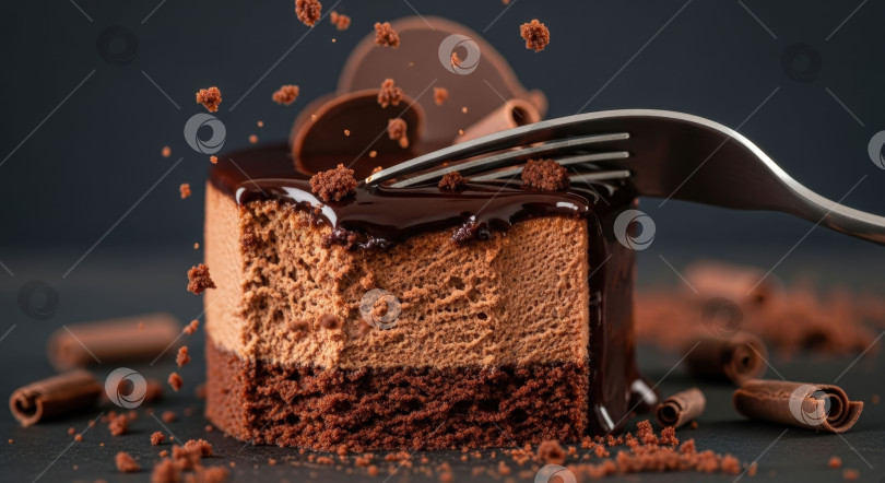 Скачать Разрежьте на вилочки изысканный торт с шоколадным муссом и сочным темным ганашем. Сладкий десерт с рассыпающейся крошкой для выпечки. фотосток Ozero