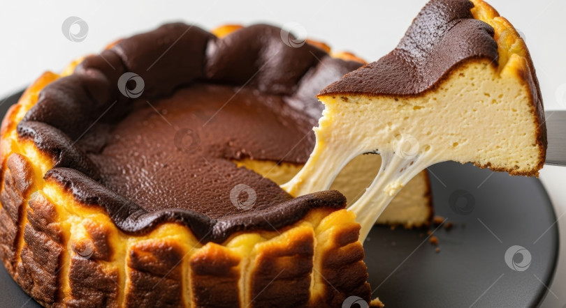 Скачать Подается баскский подгоревший чизкейк, ломтик с эластичной текстурой. Сладкий десерт для кондитерской концепции. фотосток Ozero