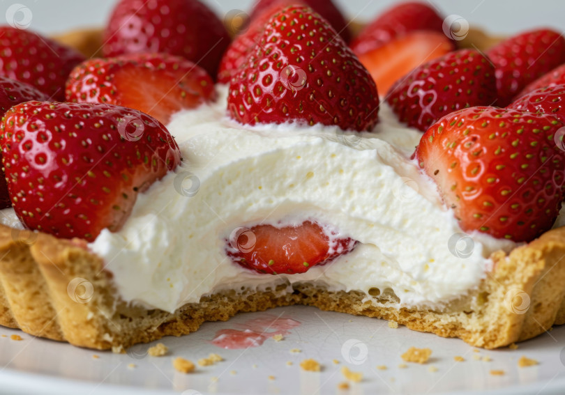 Скачать Пирог со свежей клубникой и сливочно-белой начинкой - это вкусный фруктовый десерт с нежной текстурой, идеальное угощение для любого случая. фотосток Ozero