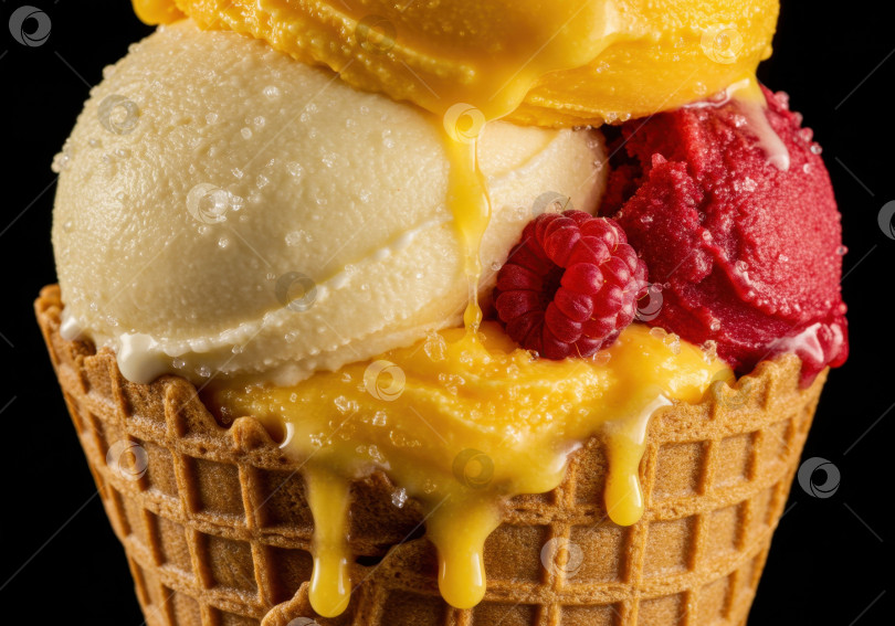 Скачать Мороженое в рожке для гурманов со вкусом ванили, ягод и манго в сочетании со свежей малиной - идеальный вариант для сладкого десерта. фотосток Ozero