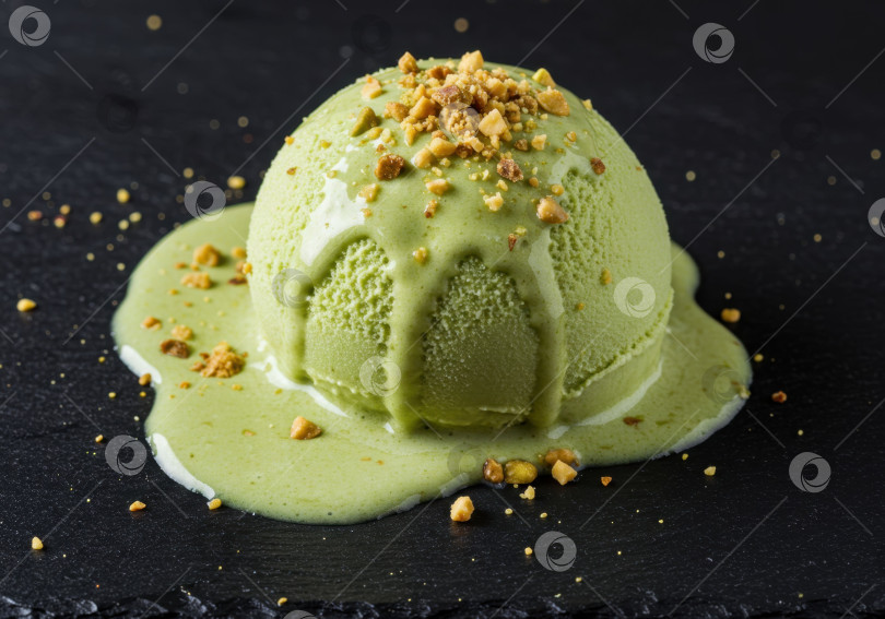 Скачать Шарик зеленого фисташкового мороженого с орехами на темном фоне. Концепция вкусного десерта для меню кафе или кулинарного блога. фотосток Ozero