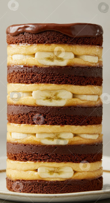 Скачать Слоеный шоколадный торт с бананово-карамельной начинкой. Изысканный десерт для празднования дня рождения. Восхитительная фотография сладкой еды. фотосток Ozero