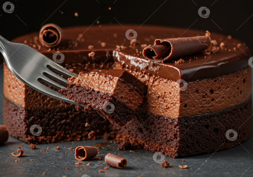 Скачать Подцепите вилкой кусочек восхитительного слоеного шоколадного торта, покрытого глазурью и посыпанного сахарной пудрой. Дегустация сладкого десерта. фотосток Ozero
