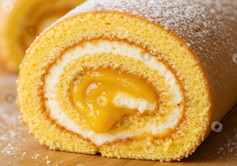 Скачать Крупным планом - восхитительный швейцарский рулет с кремом и фруктовой начинкой, посыпанный сахарной пудрой, концепция десерта. фотосток Ozero