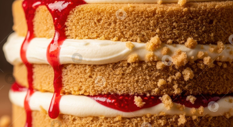 Скачать Крупный план восхитительного слоеного торта с насыщенной текстурой, сладким кремом и сочным, сочащимся малиновым соусом. фотосток Ozero