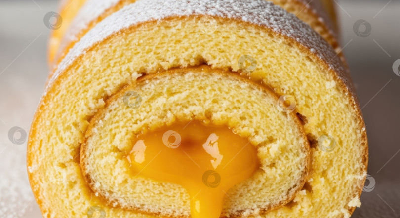 Скачать Крупный план швейцарского рулет-торта со сливочной начинкой и сахарной пудрой. Сладкий десерт для кондитерской концепции. фотосток Ozero