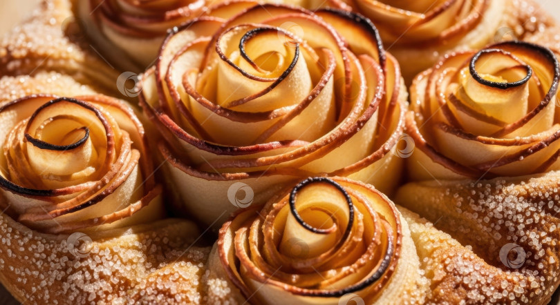 Скачать На фото десерт в виде сладкой яблочной розочки крупным планом с сахарной посыпкой. Вкусная домашняя выпечка с кусочками фруктов для сладкого угощения. фотосток Ozero