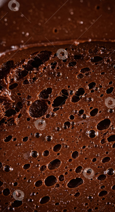 Скачать Крупный план насыщенно-коричневой шоколадной жидкости с множеством мелких и крупных пузырьков, демонстрирующей сложную и восхитительную текстуру для оформления блюд или десертов. фотосток Ozero