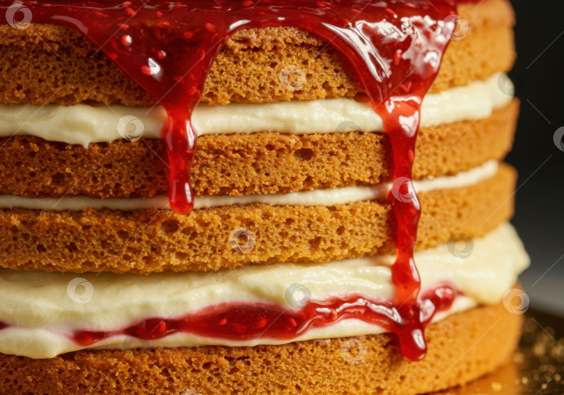 Скачать Слои торта крупным планом, с которых стекает малиновое варенье. Сладкое печенье с кремовой начинкой для десерта. фотосток Ozero