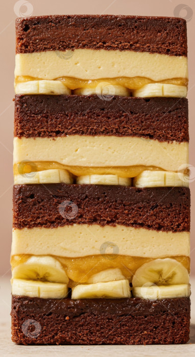 Скачать Слоеный сладкий десертный торт с шоколадным бисквитом, кусочками банана и сливочной начинкой. Вкуснейшее хлебобулочное изделие для меню или кулинарной книги. фотосток Ozero